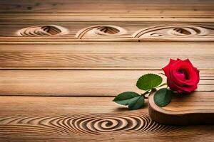 rojo Rosa en un de madera mesa. generado por ai foto