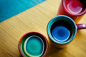 three colorful cups on a wooden table. AI-Generated photo