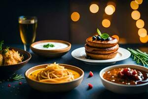 a table with various dishes of food. AI-Generated photo