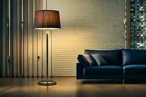 a modern living room with a blue couch and lamp. AI-Generated photo