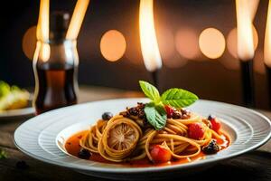 espaguetis con tomate salsa y bayas en un lámina. generado por ai foto