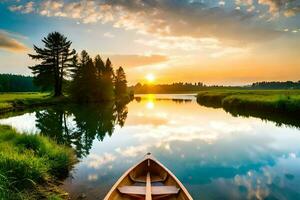 un canoa en el río a puesta de sol. generado por ai foto