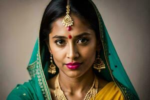 un hermosa indio mujer vistiendo un sari y joyas. generado por ai foto