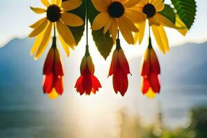 sunflowers hanging from a tree with mountains in the background. AI-Generated photo