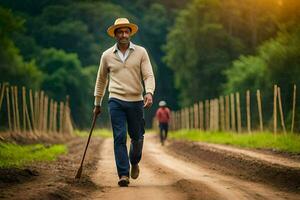 a man walking down a dirt road with a hat on. AI-Generated photo