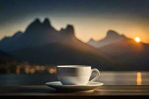 coffee cup on a table with mountains in the background. AI-Generated photo