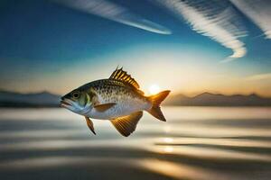 un pescado es volador terminado el agua a puesta de sol. generado por ai foto