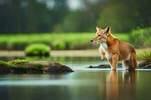 a fox standing in the water looking at the camera. AI-Generated photo