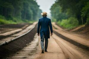 a man in a suit and hat walking down a dirt road. AI-Generated photo