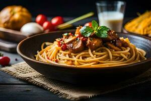 spaghetti with meat and vegetables in a bowl. AI-Generated photo