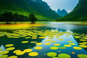 the lily pads in the water are surrounded by mountains. AI-Generated photo