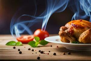 a chicken on a plate with smoke coming out of it. AI-Generated photo