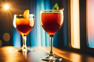 two glasses of red wine with a garnish on a table. AI-Generated photo