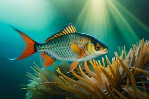 a fish swimming in the ocean with an anemon. AI-Generated photo