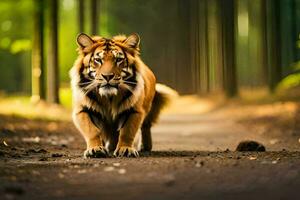un Tigre caminando en un suciedad la carretera en el bosque. generado por ai foto