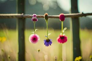 three flowers hanging from a fence in a field. AI-Generated photo