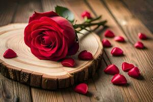 a single red rose is placed on a wooden table with red hearts scattered around it. AI-Generated photo