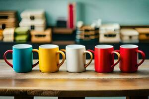 five colorful coffee mugs on a table. AI-Generated photo