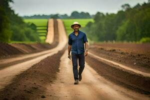 a man in a hat walks down a dirt road. AI-Generated photo