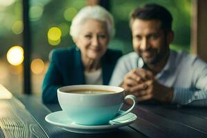 an older man and woman sitting at a table with a cup of coffee. AI-Generated photo