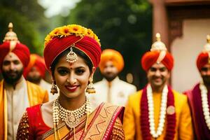 un novia en tradicional indio atuendo con su damas de honor generado por ai foto