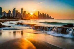 the sun rises over the city skyline in dubai. AI-Generated photo