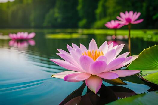 rosado loto flores flotante en el agua. generado por ai foto