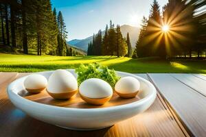eggs in a bowl on a table in front of a mountain. AI-Generated photo