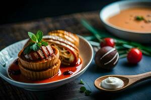 un plato de comida con un taza de sopa y un cuenco de sopa. generado por ai foto