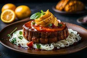 a plate with spaghetti and meat on top. AI-Generated photo