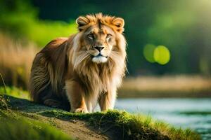 a lion is standing on the edge of a river. AI-Generated photo