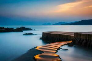 a long exposure photograph of a wooden walkway on the beach. AI-Generated photo