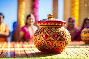 a colorful pot sitting on a table with people in the background. AI-Generated photo