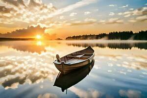a boat is floating on a calm lake at sunset. AI-Generated photo