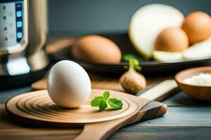 an egg on a cutting board next to an instant pot. AI-Generated photo