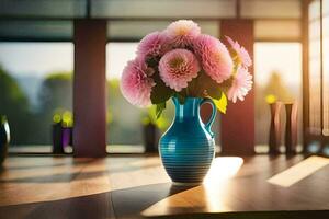 a vase of pink flowers on a table. AI-Generated photo