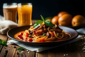 spaghetti with meat and vegetables in tomato sauce on a plate. AI-Generated photo
