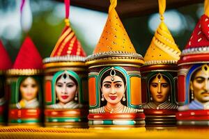 colorful diyas with painted faces on them. AI-Generated photo