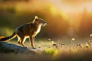 a fox stands on a rock in a field. AI-Generated photo