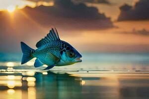 un pescado es nadando en el Oceano a puesta de sol. generado por ai foto