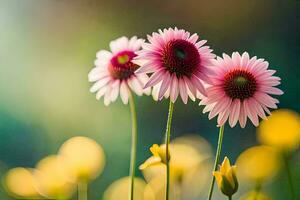 three pink flowers are standing in front of a green background. AI-Generated photo