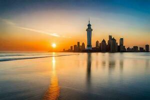 the sun sets over the city skyline in dubai. AI-Generated photo