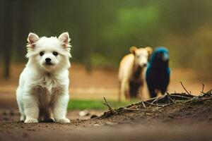 a white dog standing in the middle of a forest. AI-Generated photo