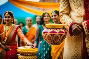 indio Boda ceremonia con personas en tradicional atuendo. generado por ai foto