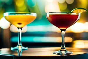 two cocktails sit on a table with a blurred background. AI-Generated photo