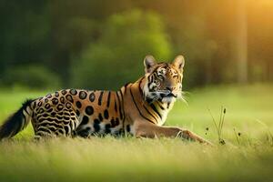 un Tigre es caminando en el césped. generado por ai foto