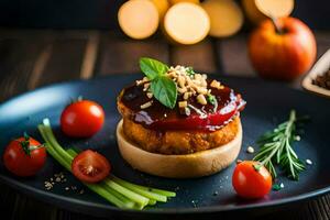 un plato con un hamburguesa y Tomates en él. generado por ai foto