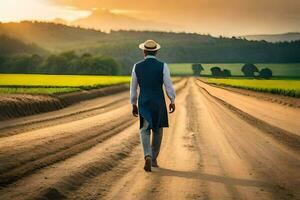 a man in a hat walks down a dirt road. AI-Generated photo