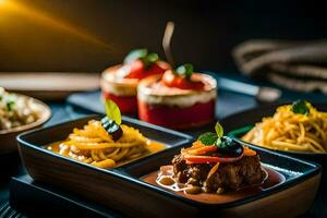 a variety of food in small dishes on a table. AI-Generated photo