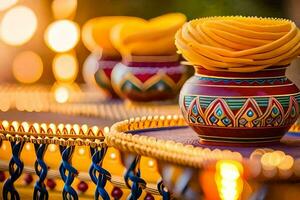 a colorful vase with a candle on top. AI-Generated photo